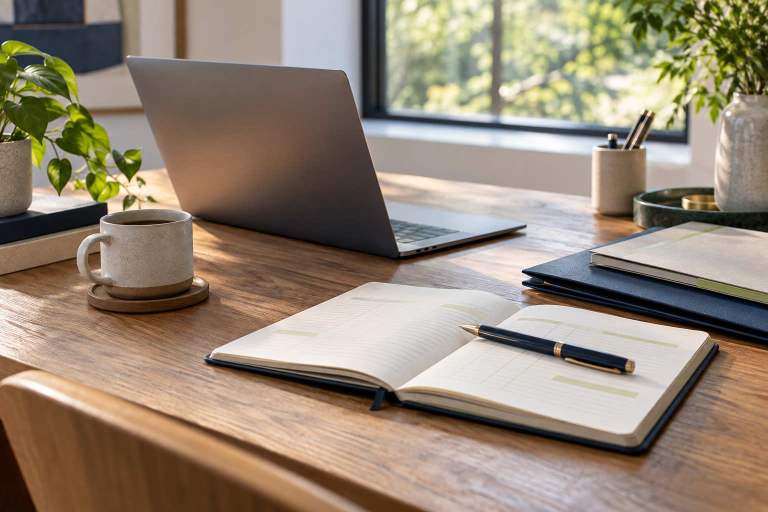 A notebook, folders, and laptop on a sunlit desk, ready for focused learning
